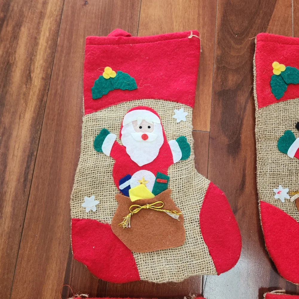 Set of 4 Burlap with Felt Applique Christmas Stockings
